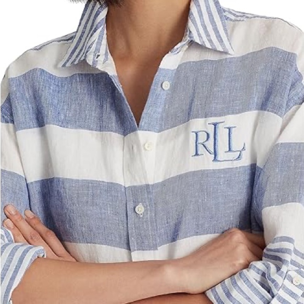 New Ralph Lauren Linen Button Down Striped oversized Shirt poplin - Picture 2 of 8